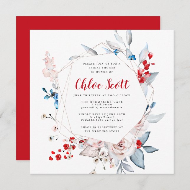 Blush Pink Rose Floral Red Heart Bridal Shower Invitation (Front/Back)