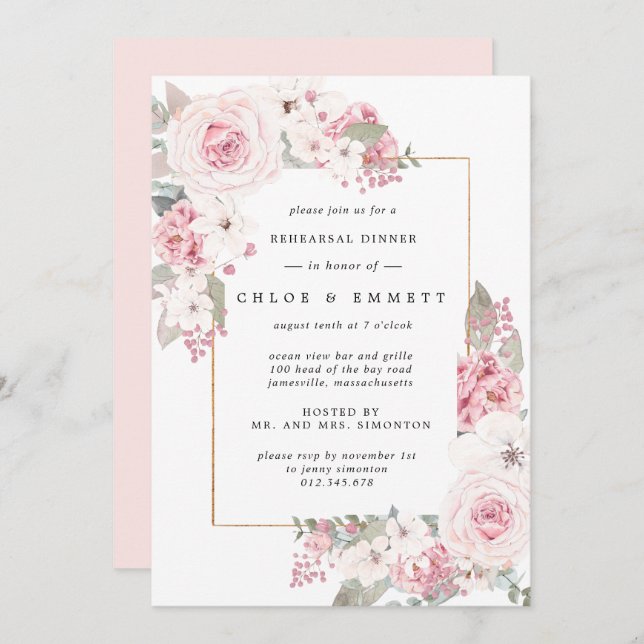 Blush Pink Rose Floral Rehearsal Dinner Invitation (Front/Back)