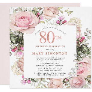 Blush Pink Rose Floral Square 80th Birthday Party Invitation