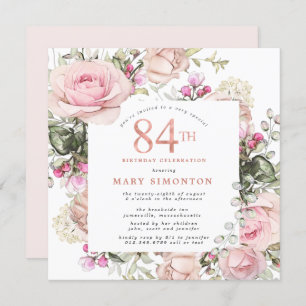 Blush Pink Rose Floral Square 84th Birthday Party Invitation