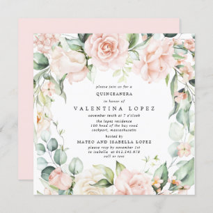 Blush Pink Rose Floral Square Quinceanera Invitation