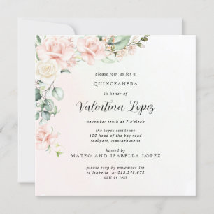 Blush Pink Rose Floral Square Quinceanera Invitation
