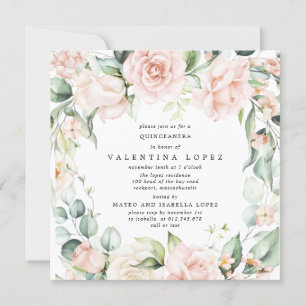 Blush Pink Rose Floral Square Quinceanera Invitation