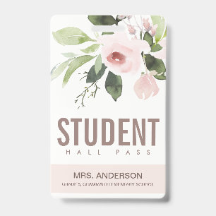BLUSH PINK ROSE FLORAL STUDENT TEACHER HALL PASS ID BADGE