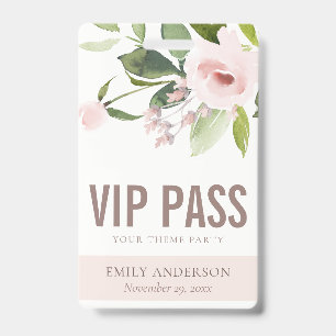 BLUSH PINK ROSE FLORAL VIP ANY THEME PARTY PASS ID BADGE