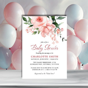 Blush Pink Rose Floral Watercolor Baby Shower Invitation
