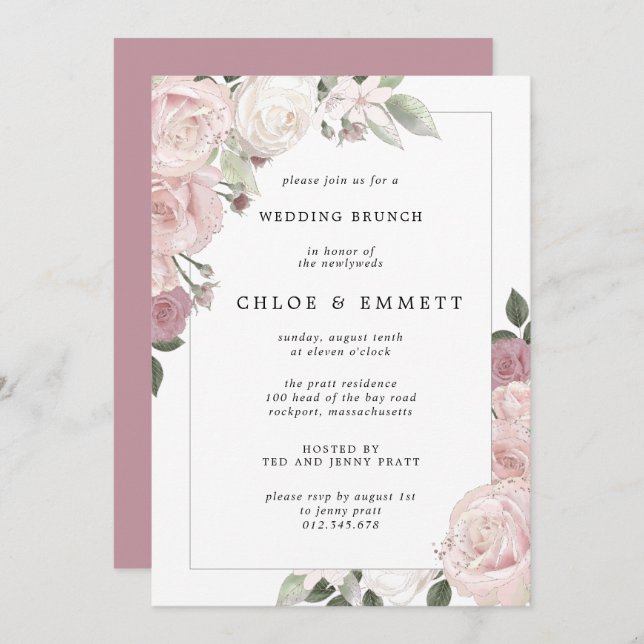 Blush Pink Rose Floral Wedding Brunch Invitation (Front/Back)
