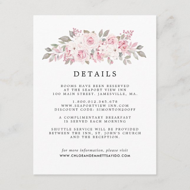 Blush Pink Rose Floral Wedding Guest Details Enclosure Card (Front)