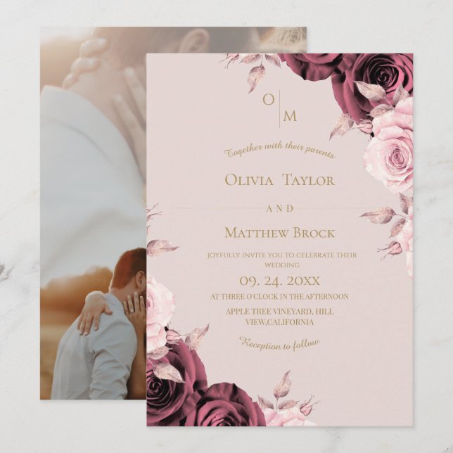 Blush Pink Rose Floral Wedding  Invitation (Front/Back)