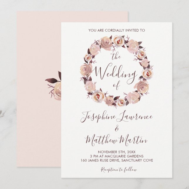 Blush Pink Rose Floral Wreath Wedding Invitation (Front/Back)