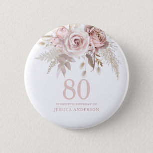 Blush Pink Rose Flowers 80th Birthday Party 6 Cm Round Badge