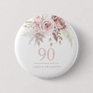 Blush Pink Rose Flowers 90th Birthday Party 6 Cm Round Badge