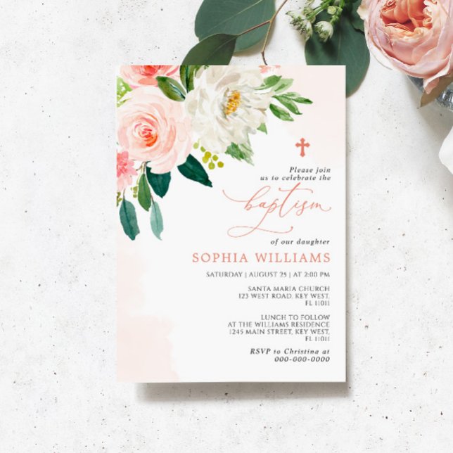 Blush Pink Rose Flowers Baptism Invitation (Creator Uploaded)