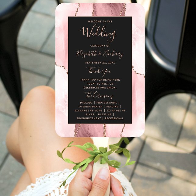 Blush Pink Rose Gold Agate Dark Wedding Program Hand Fan (Creator Uploaded)