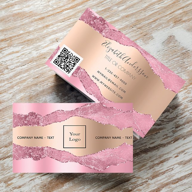Blush pink rose gold agate marble logo QR code Business Card (Creator Uploaded)