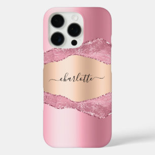 Blush pink rose gold agate marble name iPhone 16 pro case