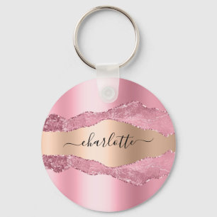 Blush pink rose gold agate marble name key ring