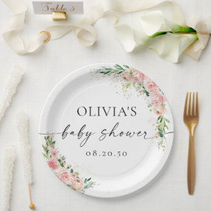 Blush Pink Rose Gold Baby Shower Paper Plate
