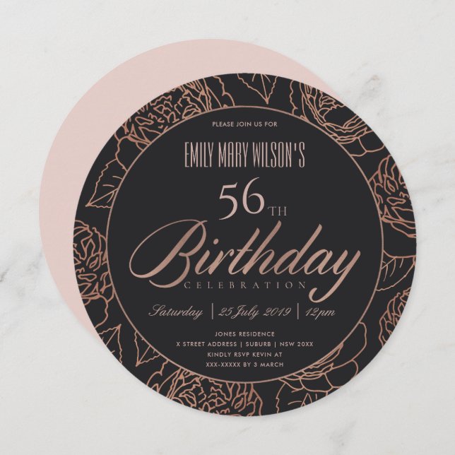 BLUSH PINK ROSE GOLD BLACK FLORAL ANY AGE BIRTHDAY INVITATION (Front/Back)