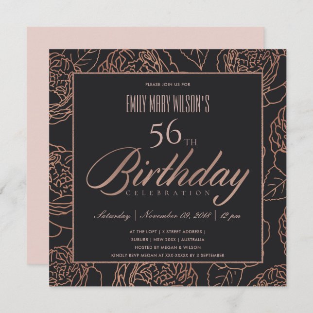 BLUSH PINK ROSE GOLD BLACK FLORAL ANY AGE BIRTHDAY INVITATION (Front/Back)