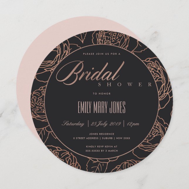 BLUSH PINK ROSE GOLD BLACK FLORAL BRIDAL SHOWER INVITATION (Front/Back)