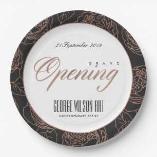 BLUSH PINK ROSE GOLD BLACK FLORAL GRAND OPENING PAPER PLATE