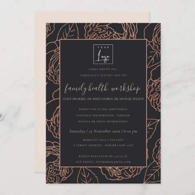 BLUSH PINK ROSE GOLD BLACK FLORAL WORKSHOP EVENT INVITATION (Front/Back)