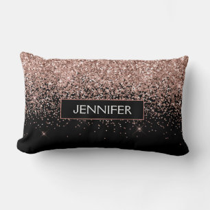 Blush Pink Rose Gold Black Glitter Monogram Lumbar Cushion