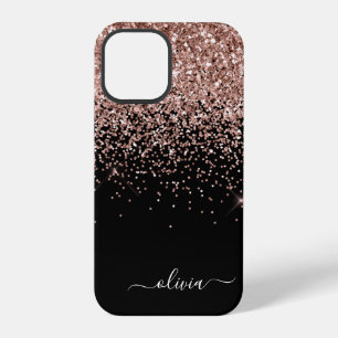 Blush Pink Rose Gold Black Glitter Monogram Name C iPhone 12 Pro Case