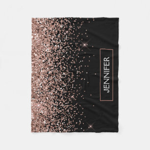 Blush Pink Rose Gold Black Glitter Monogram Name Fleece Blanket