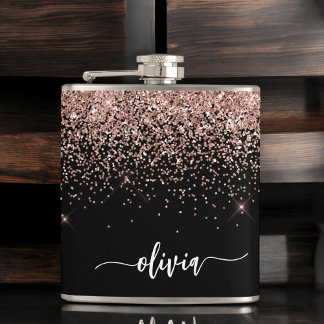 Blush Pink Rose Gold Black Glitter Monogram Name Hip Flask