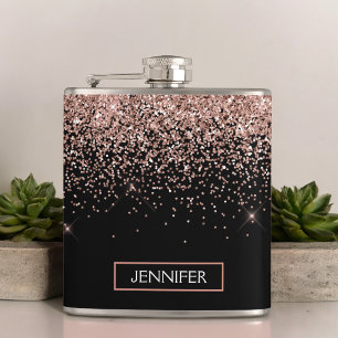 Blush Pink Rose Gold Black Glitter Monogram Name Hip Flask