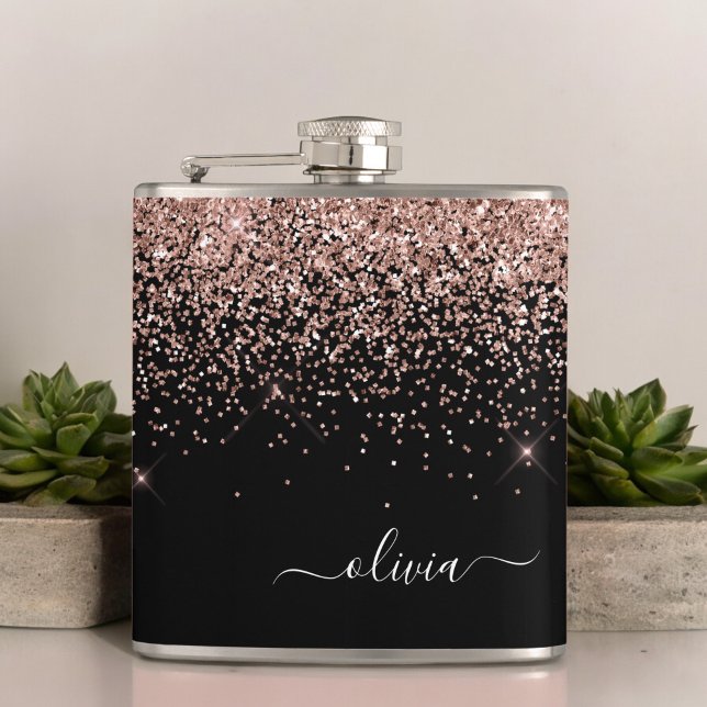 Blush Pink Rose Gold Black Glitter Monogram Name Hip Flask (Creator Uploaded)
