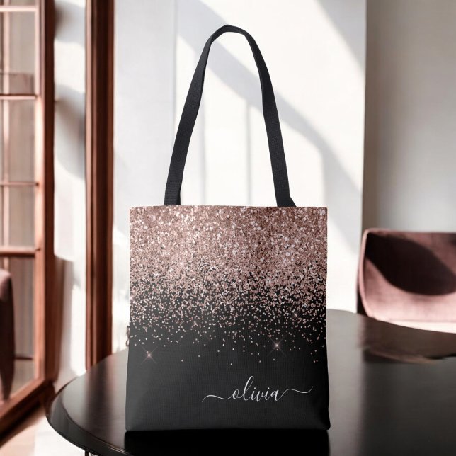 Blush Pink Rose Gold Black Glitter Monogram Name Tote Bag (Creator Uploaded)