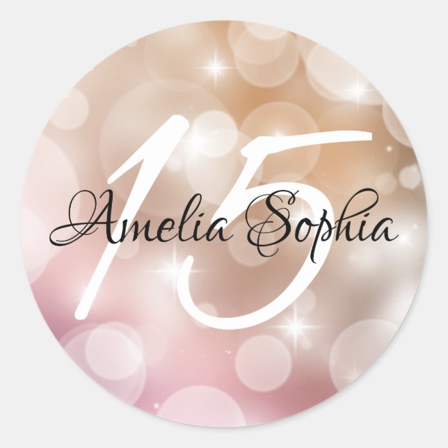 Blush Pink Rose Gold Bokeh Quinceanera Classic Round Sticker (Front)