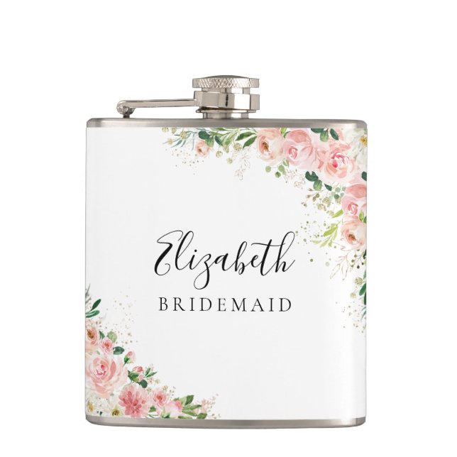 Blush Pink Rose Gold Bridal Shower Hip Flask (Front)