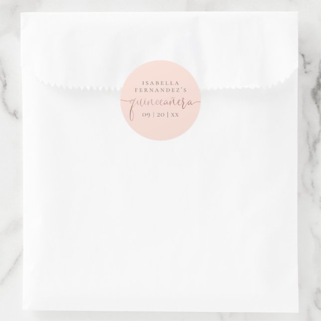 Blush Pink & Rose Gold Calligraphy Quinceañera Classic Round Sticker (Bag)