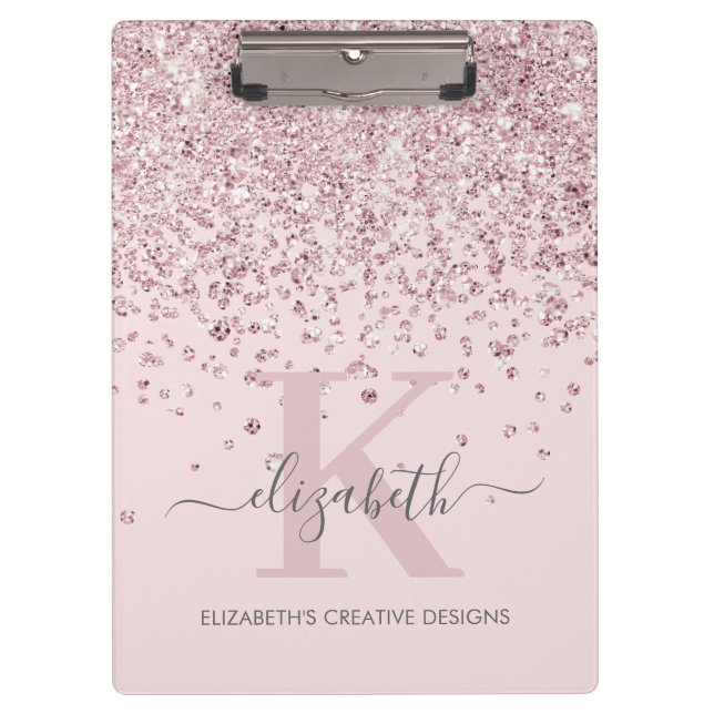 Blush Pink Rose Gold Diamond Glitter Monogrammed  Clipboard (Front)