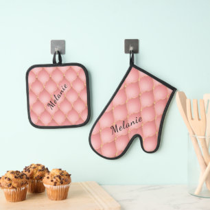 Blush Pink Rose Gold Diamond Tufted Custom Name Oven Mitt & Pot Holder Set