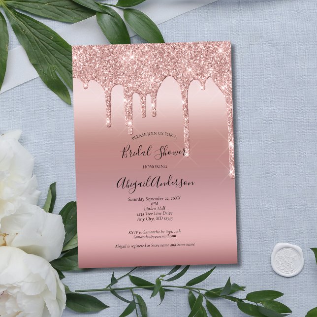 Blush Pink Rose Gold Drip Bridal Shower Invitation (Blush Pink Rose Gold Dripping Glitter Bridal Shower invitation. Elegant Modern Trendy)