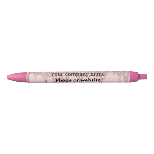 Blush Pink Rose Gold Dripping Glitter Personalised Black Ink Pen (Front)