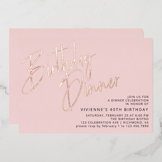 Blush Pink Rose Gold Elegant Girly Birthday Dinner (Front/Back)