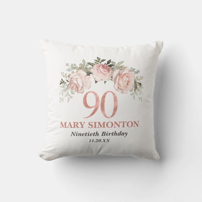 Blush Pink Rose Gold Floral 90th Birthday Cushion (Front)