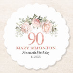 Blush Pink Rose Gold Floral 90th Birthday Paper Coaster<br><div class="desc">Unique gift idea for a 90th birthday celebration. A pretty and feminine spray of blush pink roses sits at the top of the design. 90 is written just below in a rose gold metallic graphic. Her name and two lines of text let you customise your gift. The back is a...</div>