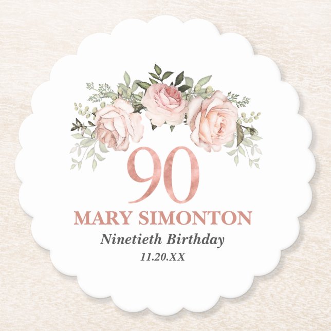 Blush Pink Rose Gold Floral 90th Birthday Paper Coaster (Front)