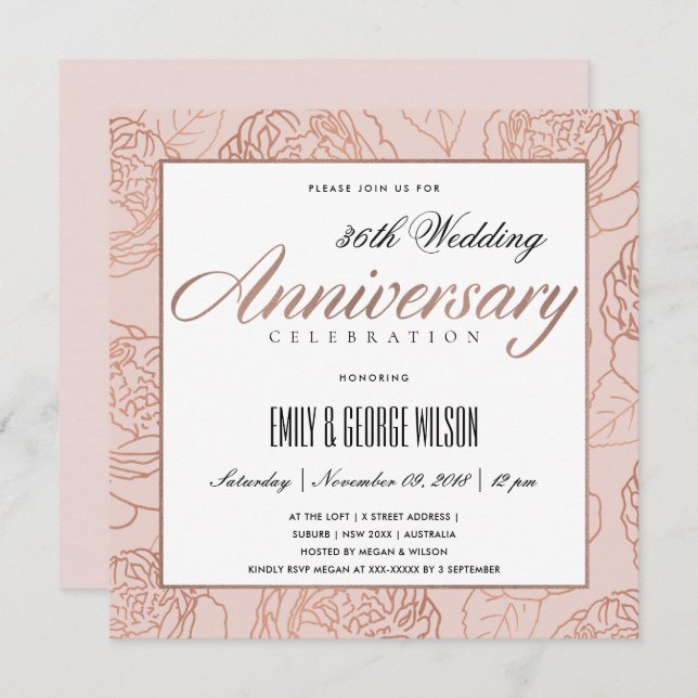 BLUSH PINK ROSE GOLD FLORAL ANY YEAR ANNIVERSARY INVITATION (Front/Back)