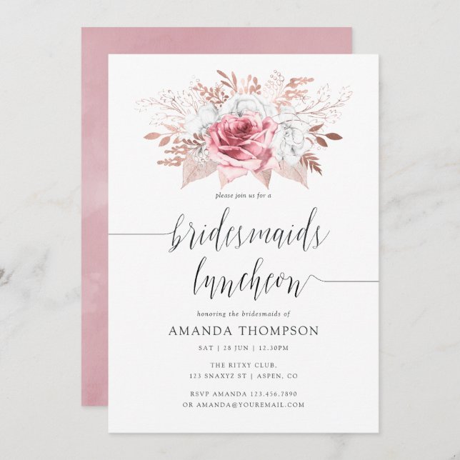 Blush Pink & Rose Gold Floral Bridesmaids Luncheon Invitation (Front/Back)