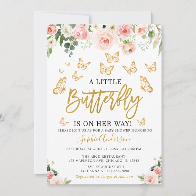 Blush Pink Rose Gold Floral Butterfly Baby Shower  Invitation (Front)