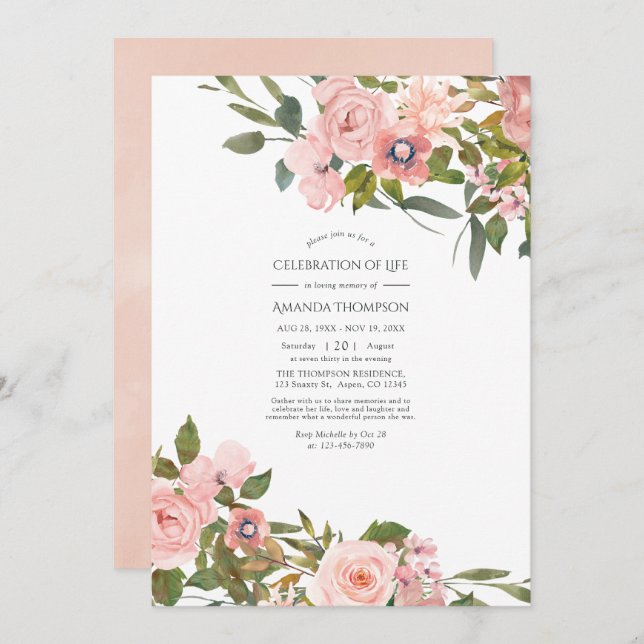 Blush Pink & Rose Gold Floral Celebration of Life Invitation (Front/Back)
