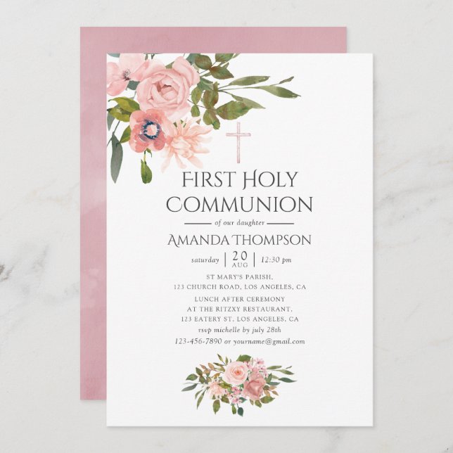 Blush Pink & Rose Gold Floral First Holy Communion Invitation (Front/Back)